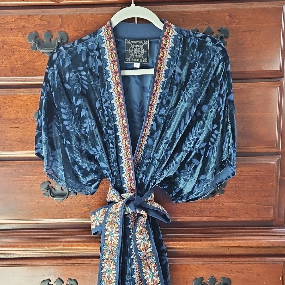 Blue Velvet Kimono with Floral Trim